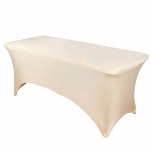 Spandex & Fitted |  Beige Stretch Spandex Rectangle Tablecloth 8ft Wrinkle Free Fitted Table Cover for 96″x30″ Tables