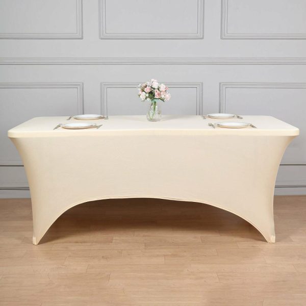 Spandex & Fitted |  Beige Stretch Spandex Rectangle Tablecloth 8ft Wrinkle Free Fitted Table Cover for 96″x30″ Tables