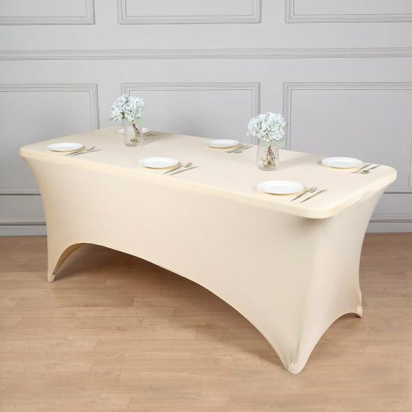 Spandex & Fitted |  Beige Stretch Spandex Rectangle Tablecloth 8ft Wrinkle Free Fitted Table Cover for 96″x30″ Tables