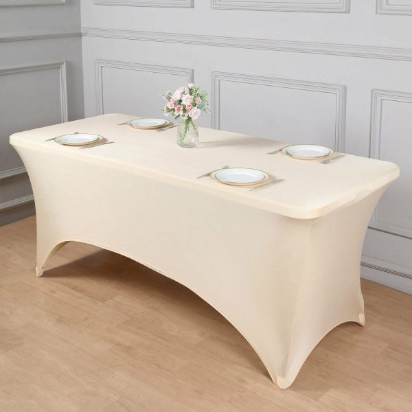 Spandex & Fitted |  Beige Stretch Spandex Rectangle Tablecloth 8ft Wrinkle Free Fitted Table Cover for 96″x30″ Tables