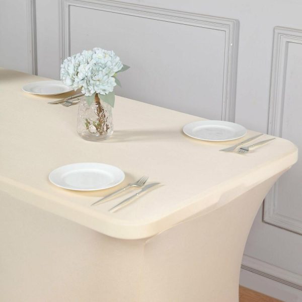 Spandex & Fitted |  Beige Stretch Spandex Rectangle Tablecloth 8ft Wrinkle Free Fitted Table Cover for 96″x30″ Tables