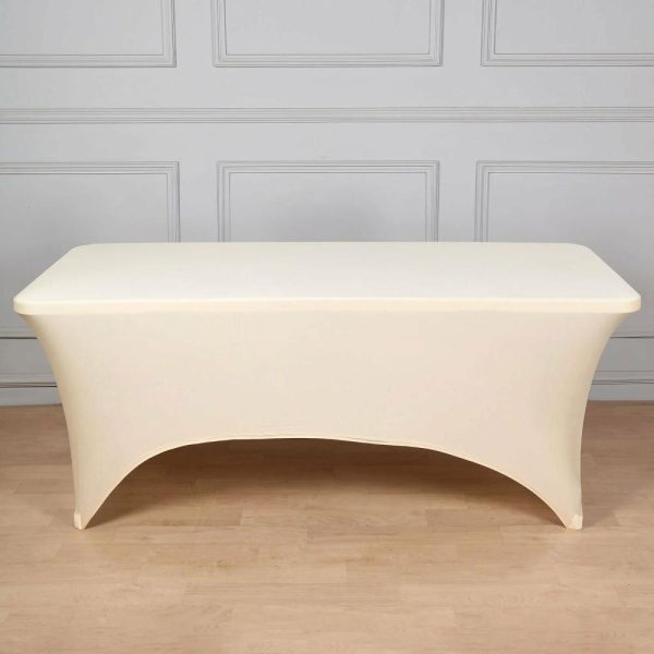 Spandex & Fitted |  Beige Stretch Spandex Rectangle Tablecloth 8ft Wrinkle Free Fitted Table Cover for 96″x30″ Tables