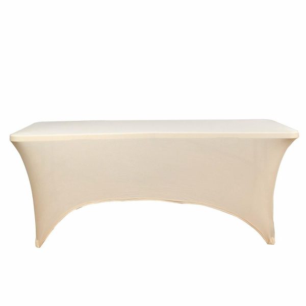 Spandex & Fitted |  Beige Stretch Spandex Rectangle Tablecloth 8ft Wrinkle Free Fitted Table Cover for 96″x30″ Tables