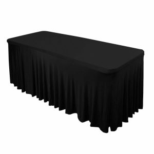 Spandex & Fitted |  Black Wavy Spandex Fitted Rectangle 1-Piece Tablecloth Table Skirt 6ft, Stretchy Table Skirt Cover with Ruffles For 72″x30″ Tables