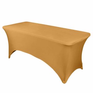 Spandex & Fitted |  Gold Stretch Spandex Rectangle Tablecloth 8ft Wrinkle Free Fitted Table Cover for 96″x30″ Tables