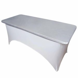 Spandex & Fitted |  Metallic Silver Spandex Stretch Fitted Banquet Table Top Cover 6ft Wrinkle Free Fitted Table Cover for 72″x30″ Tables