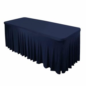 Spandex & Fitted |  Navy Blue Wavy Spandex Fitted Rectangle 1-Piece Tablecloth Table Skirt 6ft, Stretchy Table Skirt Cover with Ruffles For 72″x30″ Tables