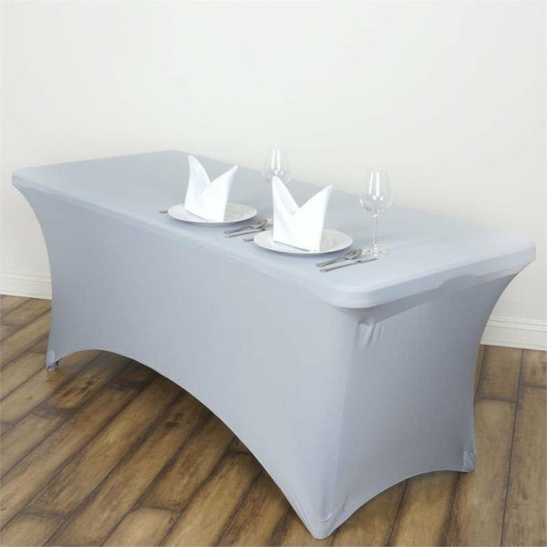 Spandex & Fitted |  Silver Stretch Spandex Rectangle Tablecloth 6ft Wrinkle Free Fitted Table Cover for 72″x30″ Tables