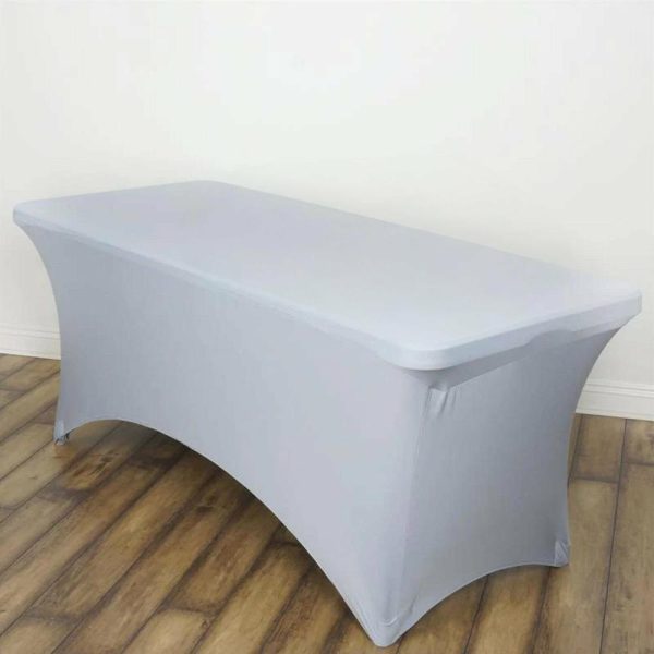 Spandex & Fitted |  Silver Stretch Spandex Rectangle Tablecloth 6ft Wrinkle Free Fitted Table Cover for 72″x30″ Tables