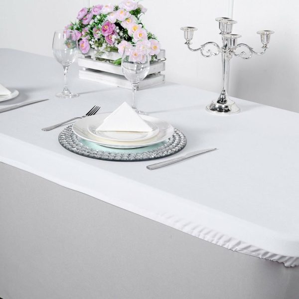 Spandex & Fitted |  White Stretch Spandex Banquet Tablecloth Top Cover 6ft Wrinkle Free Fitted Table Cover for 72″x30″ Tables