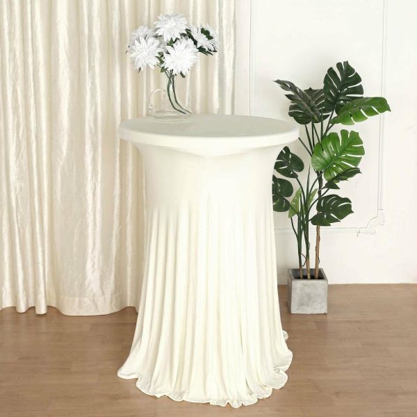 Spandex |  Ivory Round Spandex Cocktail Table Cover With Natural Wavy Drapes