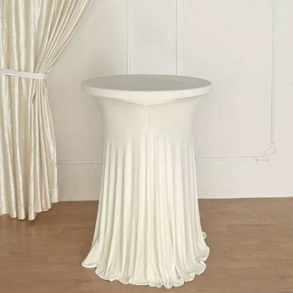 Spandex |  Ivory Round Spandex Cocktail Table Cover With Natural Wavy Drapes