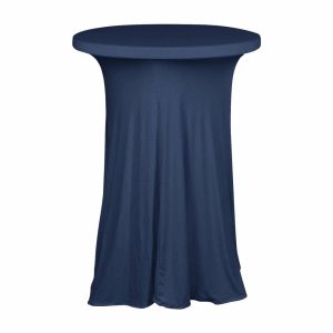 Spandex |  Navy Blue Round Spandex Cocktail Table Cover With Natural Wavy Drapes