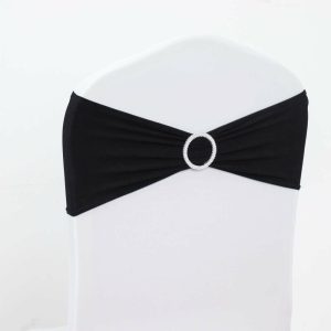 Spandex Sash Bands |  5 Pack 5″x14″ Black Spandex Stretch Chair Sashes with Silver Diamond Ring Slide Buckle