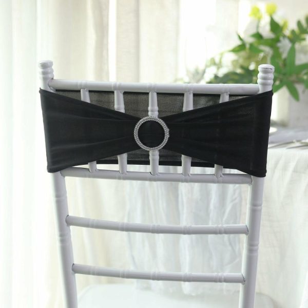 Spandex Sash Bands |  5 Pack 5″x14″ Black Spandex Stretch Chair Sashes with Silver Diamond Ring Slide Buckle