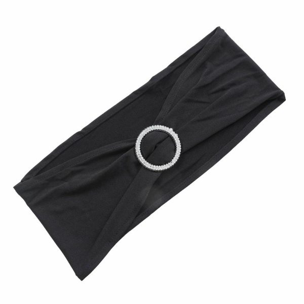 Spandex Sash Bands |  5 Pack 5″x14″ Black Spandex Stretch Chair Sashes with Silver Diamond Ring Slide Buckle