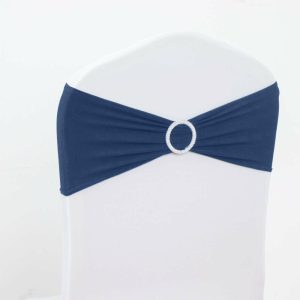 Spandex Sash Bands |  5 Pack 5″x14″ Navy Blue Spandex Stretch Chair Sashes with Silver Diamond Ring Slide Buckle