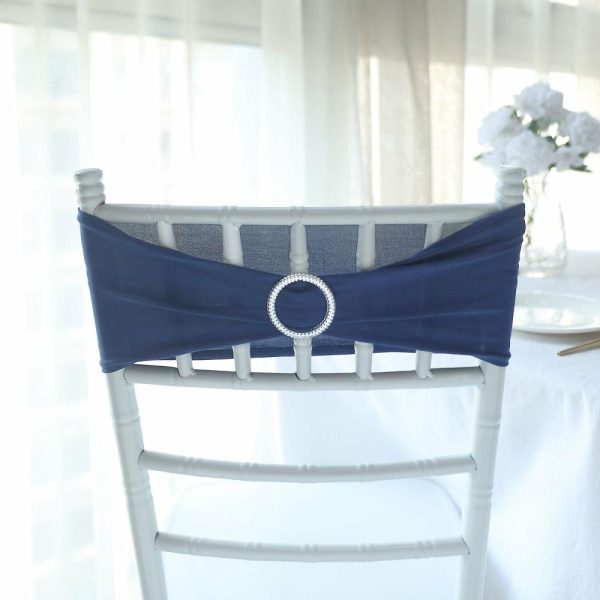 Spandex Sash Bands |  5 Pack 5″x14″ Navy Blue Spandex Stretch Chair Sashes with Silver Diamond Ring Slide Buckle