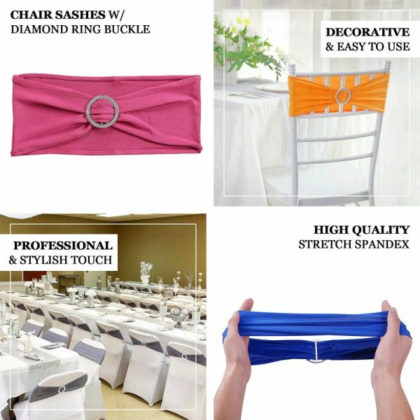 Spandex Sash Bands |  5 Pack 5″x14″ Navy Blue Spandex Stretch Chair Sashes with Silver Diamond Ring Slide Buckle