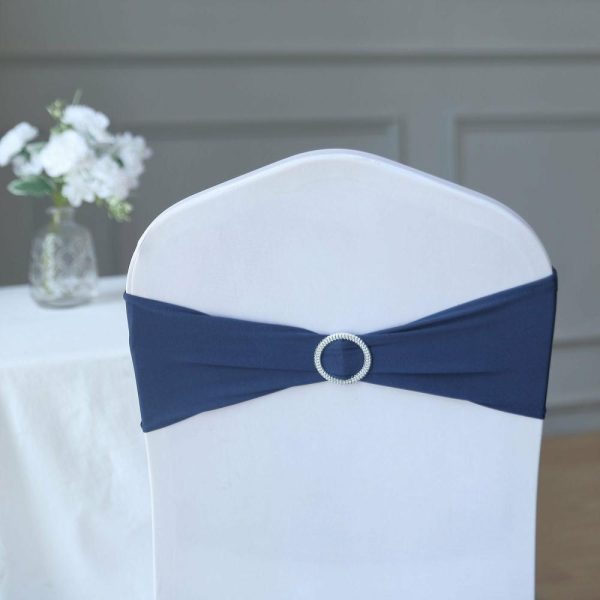 Spandex Sash Bands |  5 Pack 5″x14″ Navy Blue Spandex Stretch Chair Sashes with Silver Diamond Ring Slide Buckle