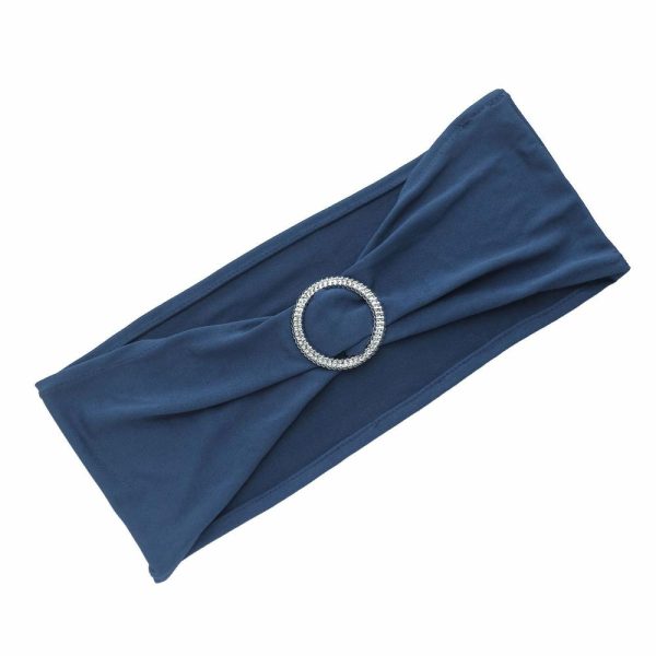 Spandex Sash Bands |  5 Pack 5″x14″ Navy Blue Spandex Stretch Chair Sashes with Silver Diamond Ring Slide Buckle