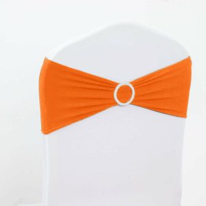 Spandex Sash Bands |  5 Pack 5″x14″ Orange Spandex Stretch Chair Sashes with Silver Diamond Ring Slide Buckle