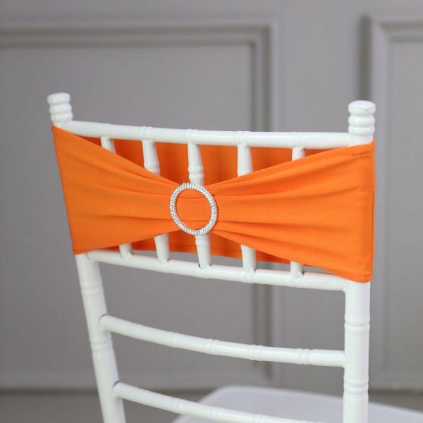 Spandex Sash Bands |  5 Pack 5″x14″ Orange Spandex Stretch Chair Sashes with Silver Diamond Ring Slide Buckle