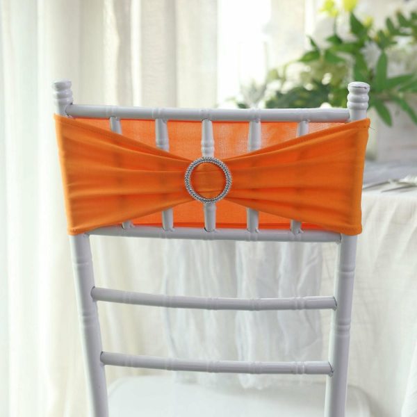 Spandex Sash Bands |  5 Pack 5″x14″ Orange Spandex Stretch Chair Sashes with Silver Diamond Ring Slide Buckle