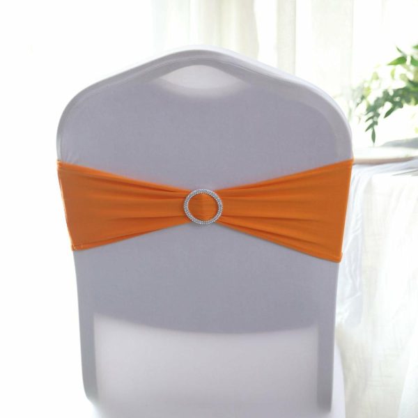 Spandex Sash Bands |  5 Pack 5″x14″ Orange Spandex Stretch Chair Sashes with Silver Diamond Ring Slide Buckle