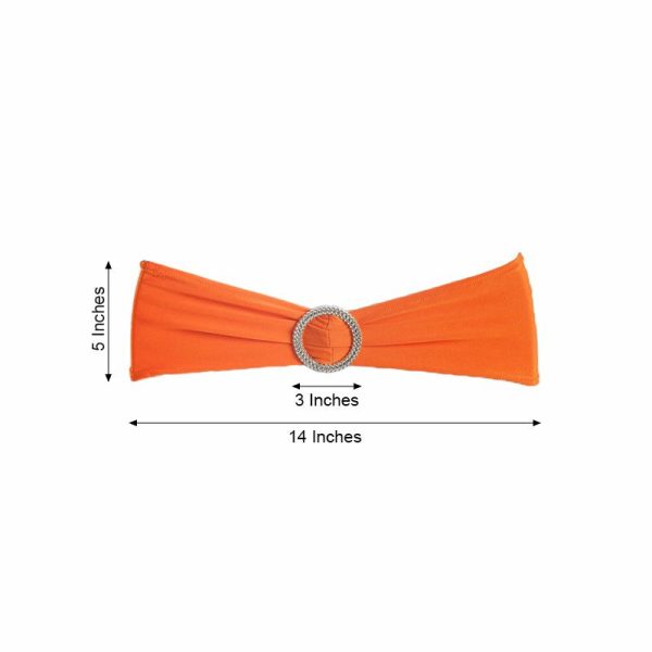 Spandex Sash Bands |  5 Pack 5″x14″ Orange Spandex Stretch Chair Sashes with Silver Diamond Ring Slide Buckle