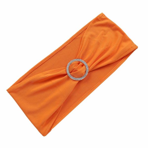 Spandex Sash Bands |  5 Pack 5″x14″ Orange Spandex Stretch Chair Sashes with Silver Diamond Ring Slide Buckle