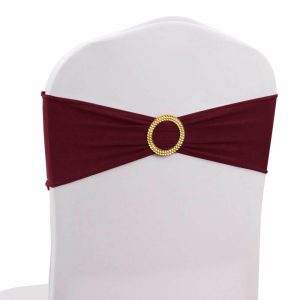 Spandex Sash Bands |  5 Pack Burgundy Spandex Chair Sashes with Gold Diamond Buckles, Elegant Stretch Chair Bands and Slide On Brooch Set – 5″x14″