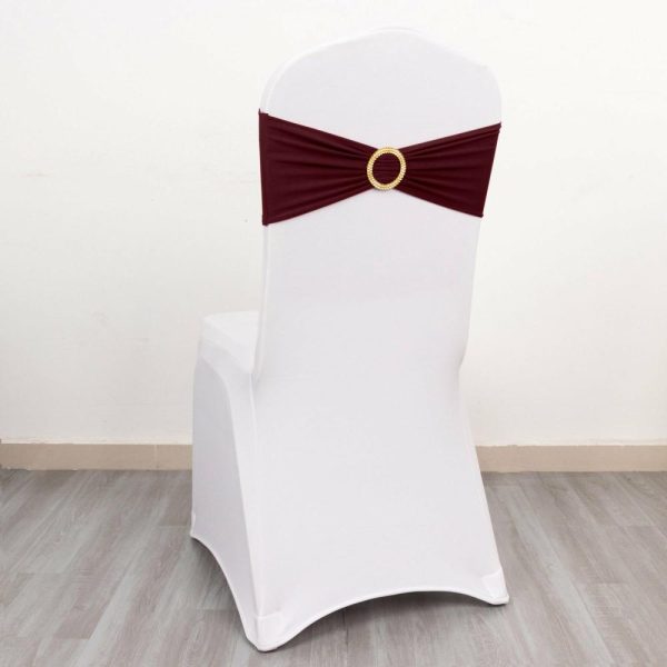 Spandex Sash Bands |  5 Pack Burgundy Spandex Chair Sashes with Gold Diamond Buckles, Elegant Stretch Chair Bands and Slide On Brooch Set – 5″x14″