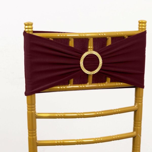 Spandex Sash Bands |  5 Pack Burgundy Spandex Chair Sashes with Gold Diamond Buckles, Elegant Stretch Chair Bands and Slide On Brooch Set – 5″x14″