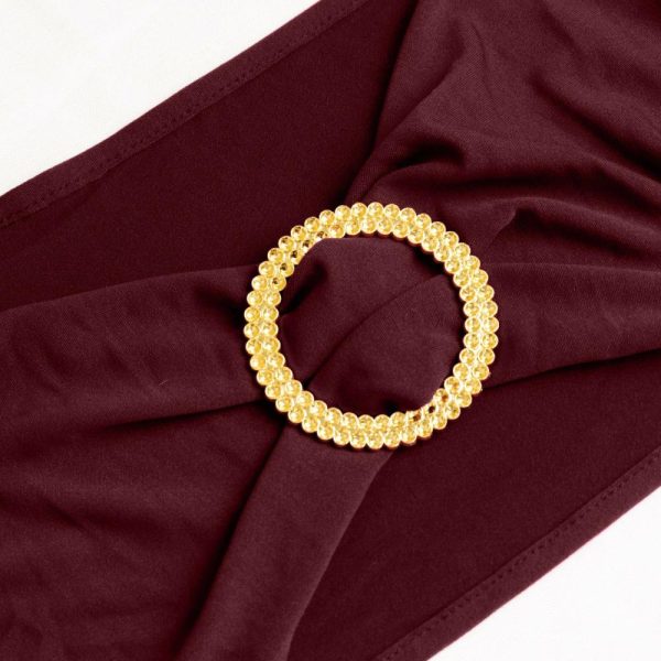 Spandex Sash Bands |  5 Pack Burgundy Spandex Chair Sashes with Gold Diamond Buckles, Elegant Stretch Chair Bands and Slide On Brooch Set – 5″x14″