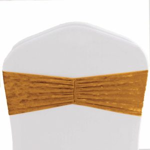 Spandex Sash Bands |  5 Pack Gold Premium Crushed Velvet Ruffle Chair Sash Bands, Decorative Wedding Chair Sashes