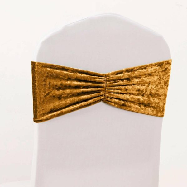 Spandex Sash Bands |  5 Pack Gold Premium Crushed Velvet Ruffle Chair Sash Bands, Decorative Wedding Chair Sashes