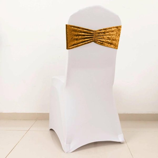 Spandex Sash Bands |  5 Pack Gold Premium Crushed Velvet Ruffle Chair Sash Bands, Decorative Wedding Chair Sashes