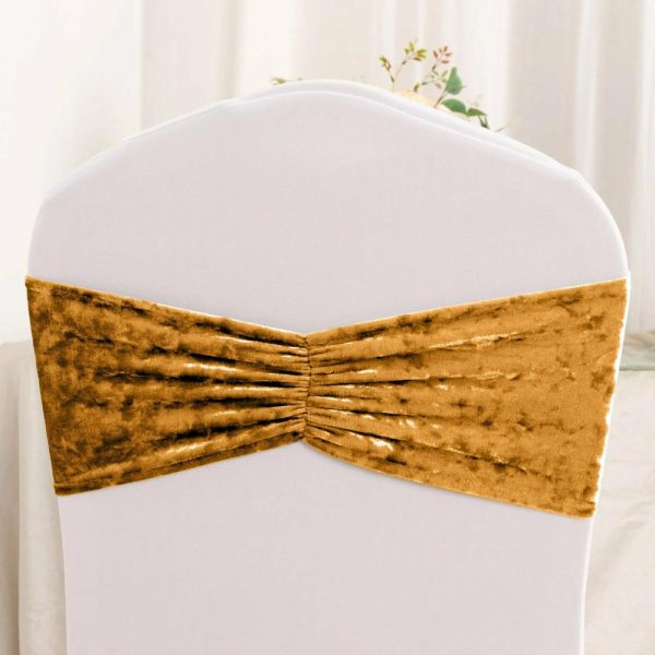 Spandex Sash Bands |  5 Pack Gold Premium Crushed Velvet Ruffle Chair Sash Bands, Decorative Wedding Chair Sashes