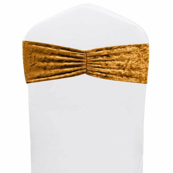 Spandex Sash Bands |  5 Pack Gold Premium Crushed Velvet Ruffle Chair Sash Bands, Decorative Wedding Chair Sashes