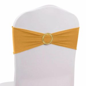 Spandex Sash Bands |  5 Pack Gold Spandex Chair Sashes with Gold Diamond Buckles, Elegant Stretch Chair Bands and Slide On Brooch Set – 5″x14″