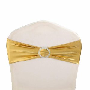 Spandex Sash Bands |  5 Pack Metallic Gold Spandex Chair Sashes With Attached Round Diamond Buckles