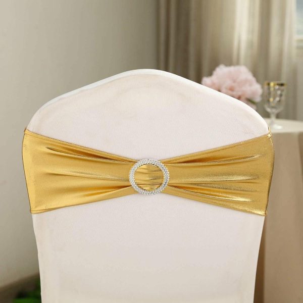 Spandex Sash Bands |  5 Pack Metallic Gold Spandex Chair Sashes With Attached Round Diamond Buckles