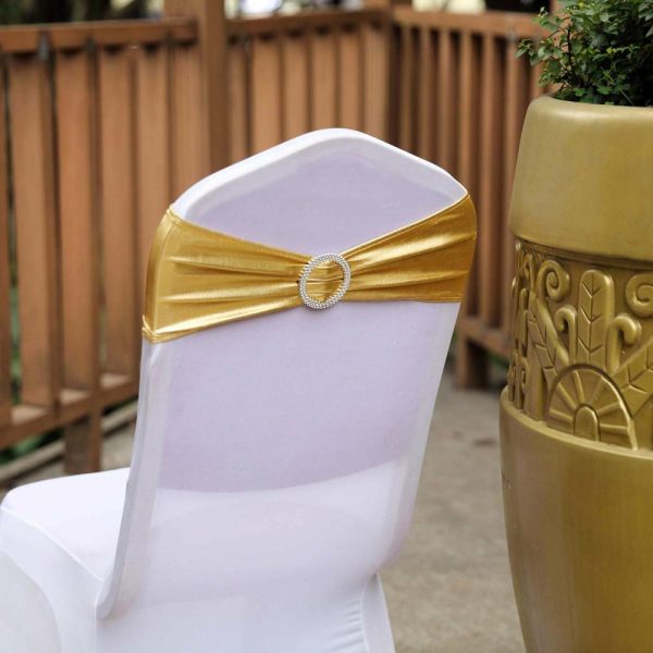 Spandex Sash Bands |  5 Pack Metallic Gold Spandex Chair Sashes With Attached Round Diamond Buckles