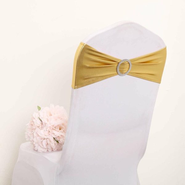 Spandex Sash Bands |  5 Pack Metallic Gold Spandex Chair Sashes With Attached Round Diamond Buckles