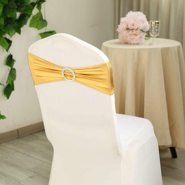 Spandex Sash Bands |  5 Pack Metallic Gold Spandex Chair Sashes With Attached Round Diamond Buckles