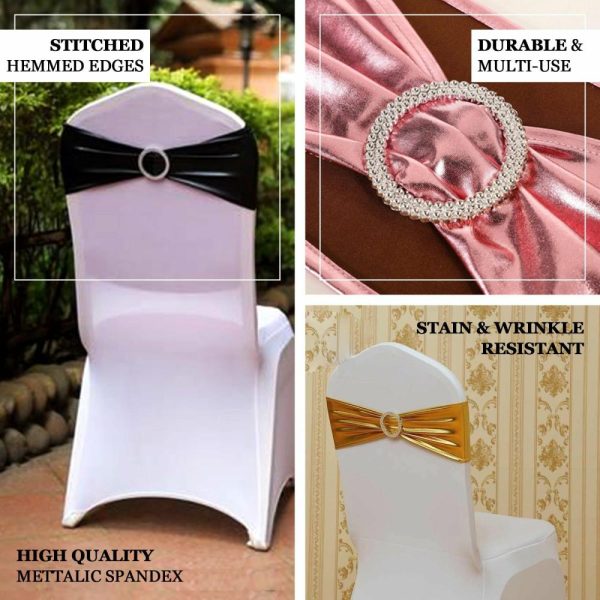 Spandex Sash Bands |  5 Pack Metallic Gold Spandex Chair Sashes With Attached Round Diamond Buckles