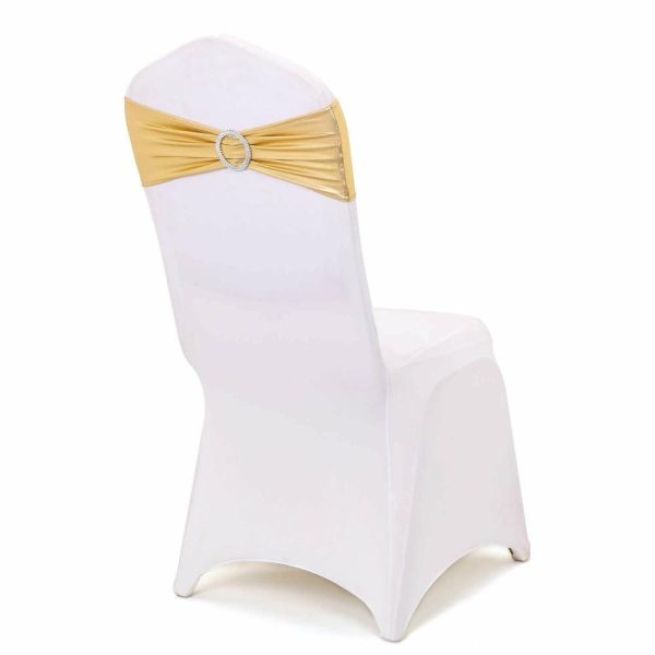 Spandex Sash Bands |  5 Pack Metallic Gold Spandex Chair Sashes With Attached Round Diamond Buckles