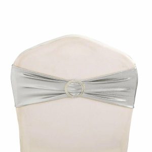 Spandex Sash Bands |  5 Pack Metallic Silver Spandex Chair Sashes With Attached Round Diamond Buckles