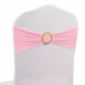 Spandex Sash Bands |  5 Pack Pink Spandex Chair Sashes with Gold Diamond Buckles, Elegant Stretch Chair Bands and Slide On Brooch Set – 5″x14″